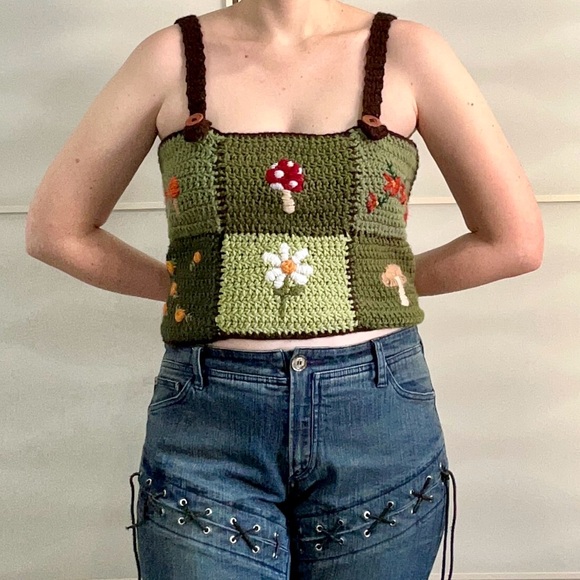 Tops - Handmade Green Crochet Mushroom & Flower Tank Top